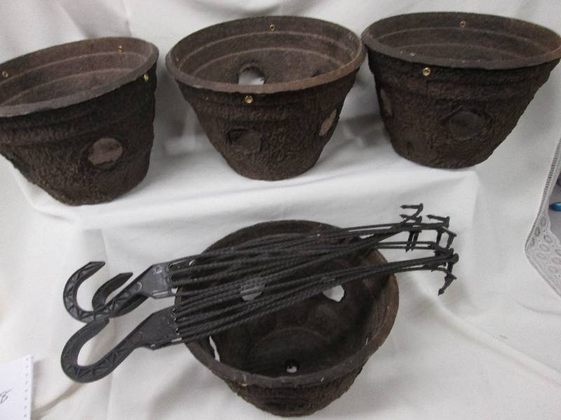 Lot of 4 brown porous hanging basket planters