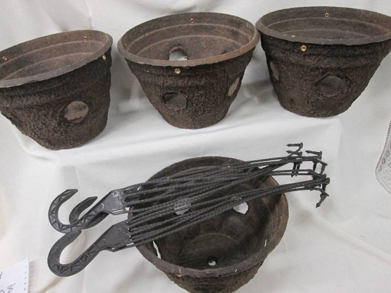 Lot of 4 brown porous hanging basket planters