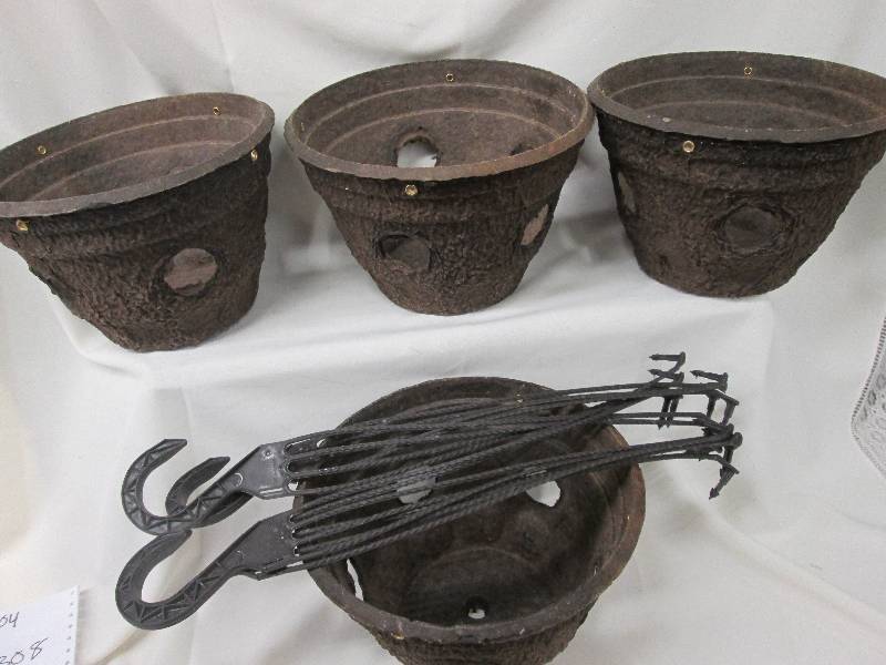 Lot of 4 brown porous hanging basket planters
