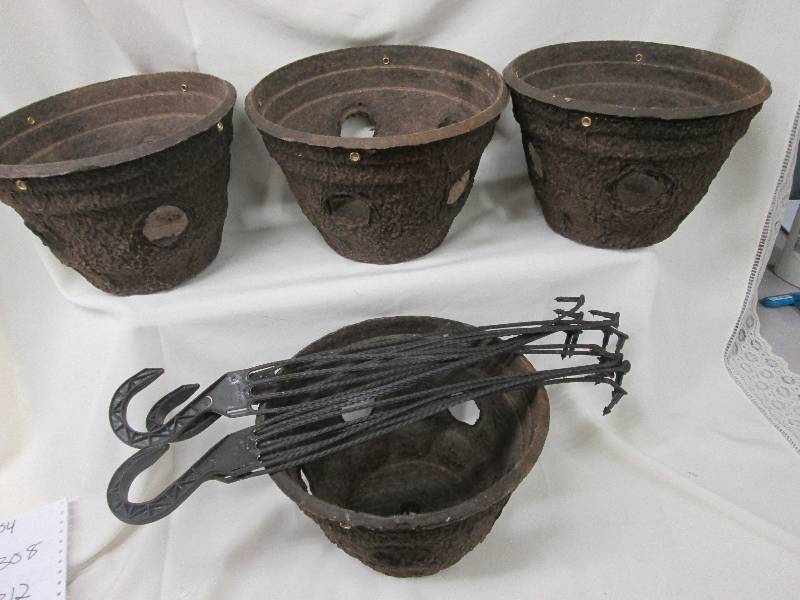 Lot of 4 brown porous hanging basket planters