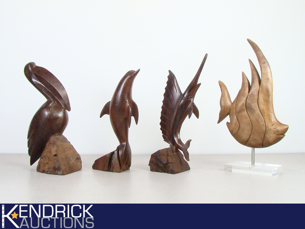 4 Hand Carved Wood Folk Art Fish, and Pelican Sculptures