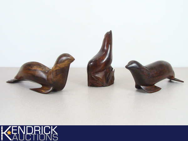 3 Hand Carved Wood Folk Art Seal Sculptures