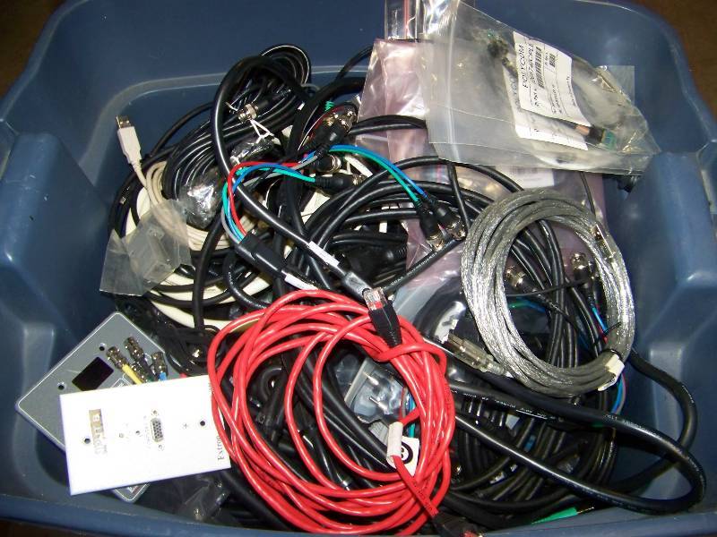 lot 63 image: (2 Bins) Miscellaneous Cables, Control Plate and AV Items