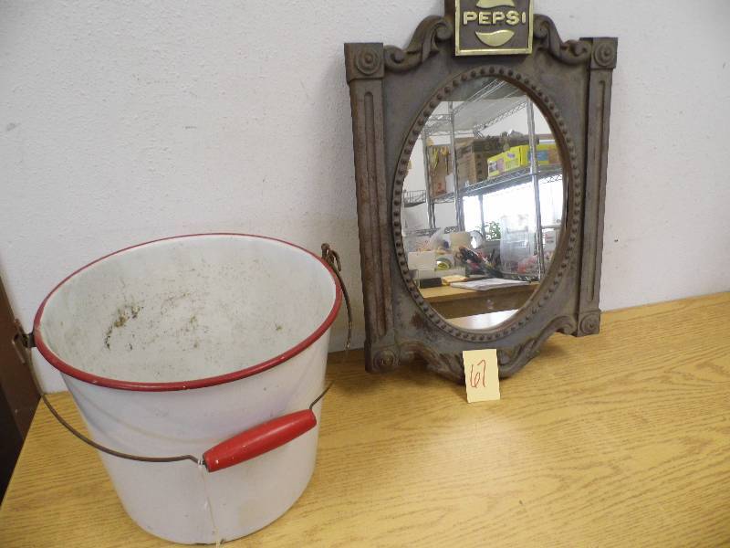 Vintage Enamel Bucket & Pepsi Mirror