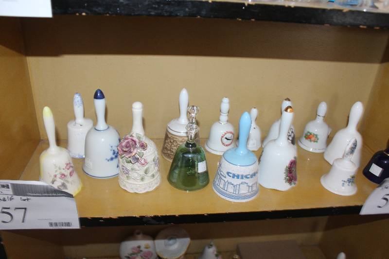 Shelf Lot of Glass,Ceramic Bells