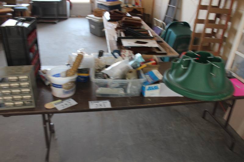 Table Lot of Household Items Including Tree Stand Hardware Multi-Drawer Organizers