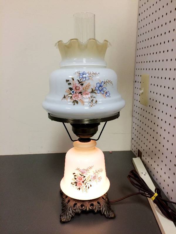 Antique GONE WITH THE WIND VINTAGE 3-WAY FROSTED GLASS FLORAL DISPLAY HURRICANE LAMP Blue Pink Parlor Table Lamp Working and Excellent Condition
