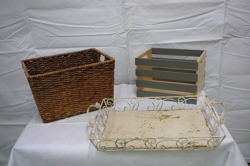 Wicker Basket, Wooden Crate, Vintage Serving Tray
