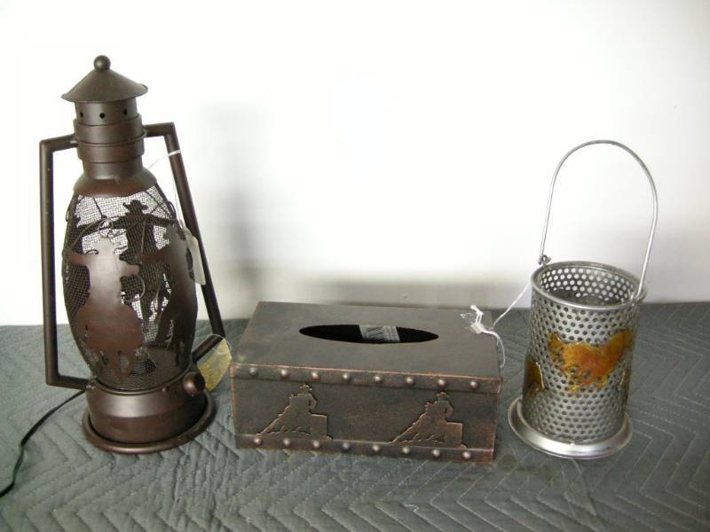 lot 62 image: Metal Cowboy LampTissue CoverHurricane