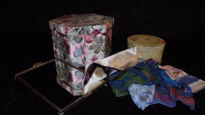 Dresser Mirror, Scarves, Storage Boxes