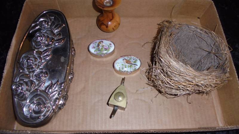Lot - Heavy Jewelry Box, Bird Nest, Misc