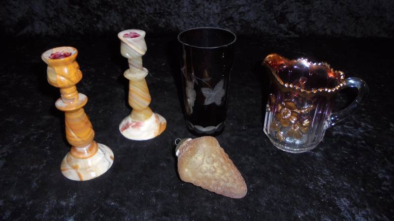 Lot - Marble Candleholders, Red Glass (Made in Poland), Misc
