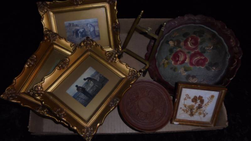 Lot - Small Framed Art, Wood Coasters, Misc