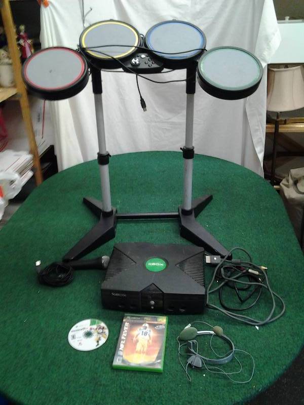 XBOX With AV Cables, No Power Cords, Microphone, Drums, Games