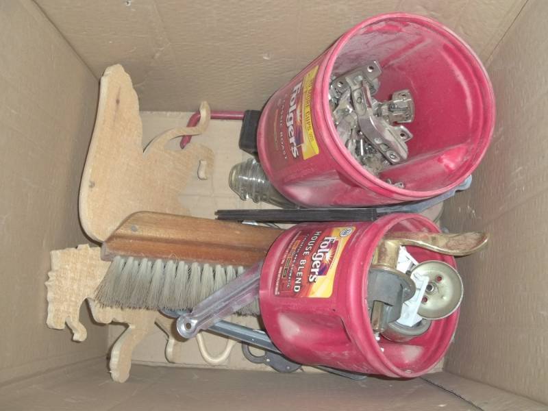 lot 210 image: Cabinet door hinges, wallpaper brush, and other items in box