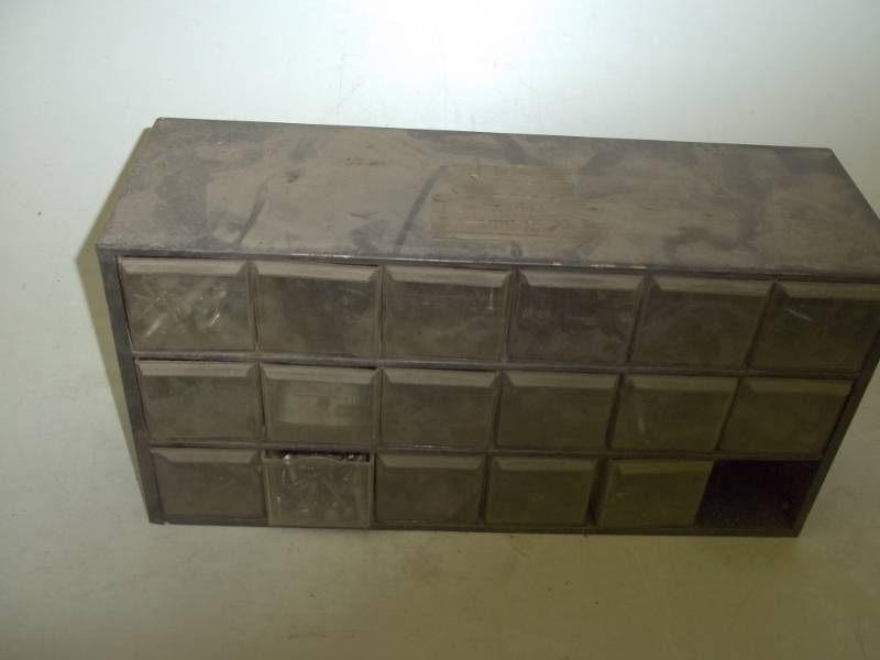 lot 212 image: Metal Parts bin with hardware 18 x 6 x 9