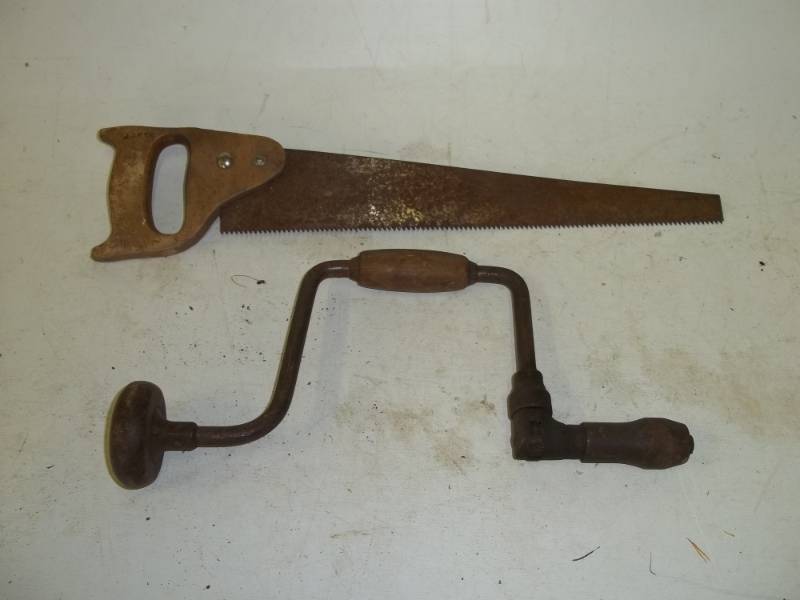 lot 232 image: Vintage Drill and hand Saw