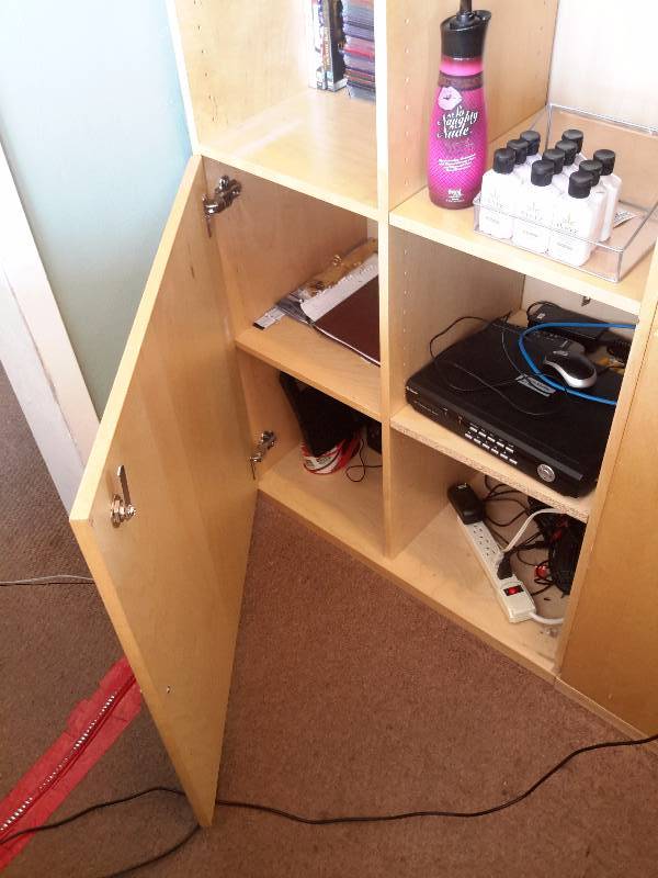 lot 2 image: Maple wood shelving unit with Bottom storage..