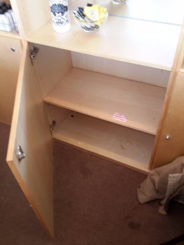 lot 3 image: Maple wood shelving unit with Bottom storage..  Mirrored background in upper shelves