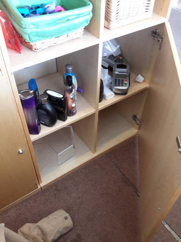 lot 4 image: Maple wood shelving unit with Bottom storage..