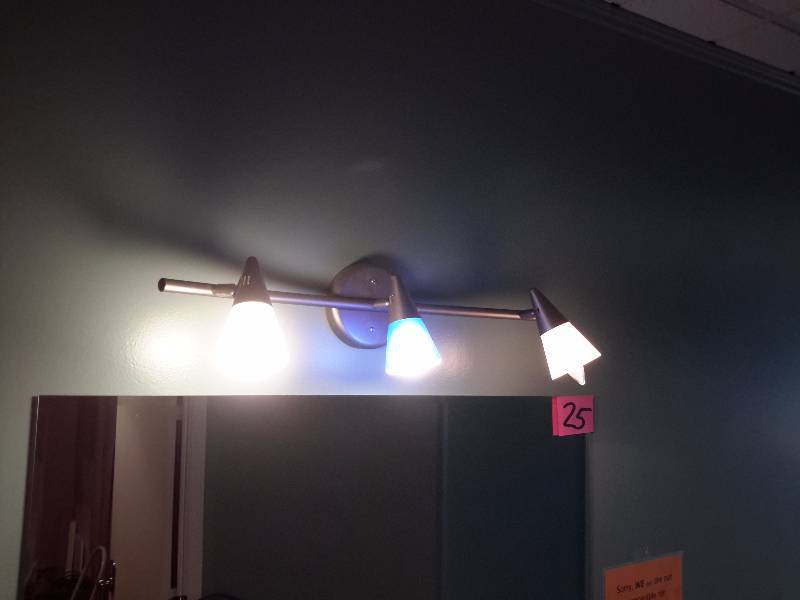 lot 25 image: 3ft x 3 ft beveled edge mirror.. 3 Light fixture over mirror.