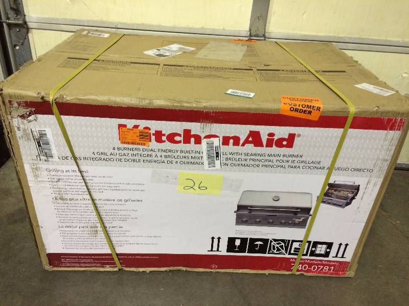 lot 26 image: Kitchen Aid 4-Burner Built-in Propane Gas Island Grill Head in Stainless Steel with Searing Main Burner and Rotisserie Burner New