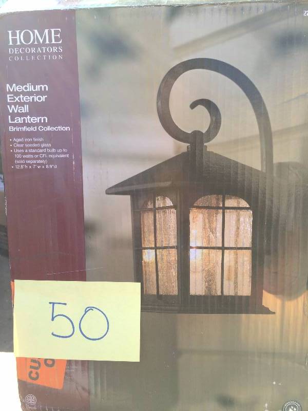 lot 50 image: Brimfield 1-Light Aged Iron Outdoor Wall Lantern New