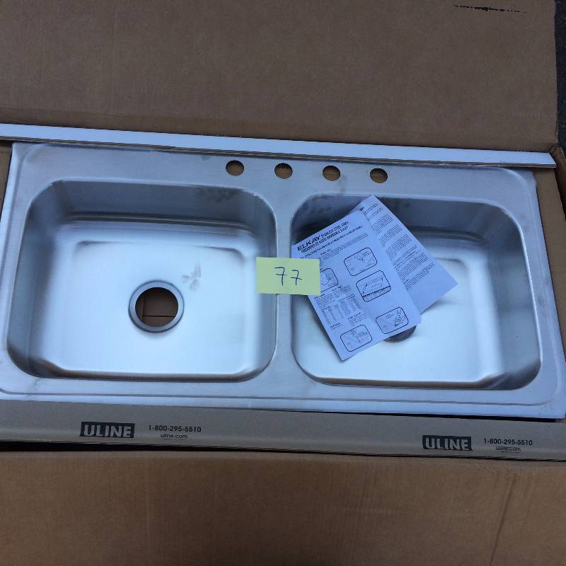 lot 77 image: Elkay Neptune Drop-in Stainless Steel 33 in. 4-Hole Double Bowl Kitchen New
