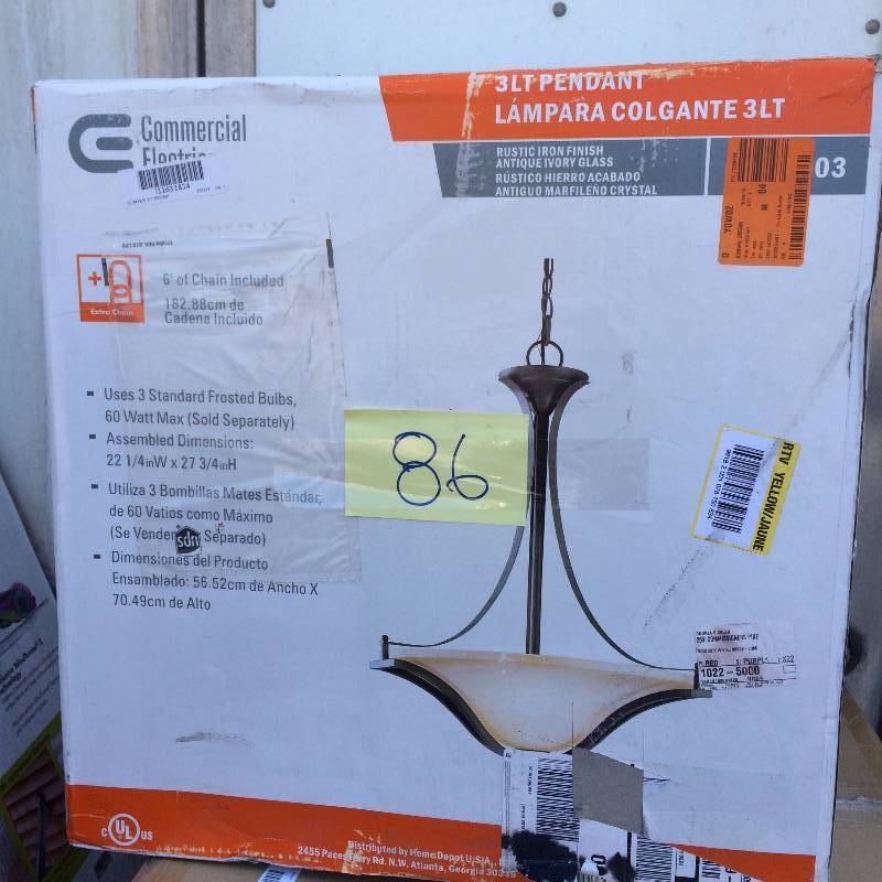 lot 86 image: Commercial Electric 3-Light Rustic Iron Pendant