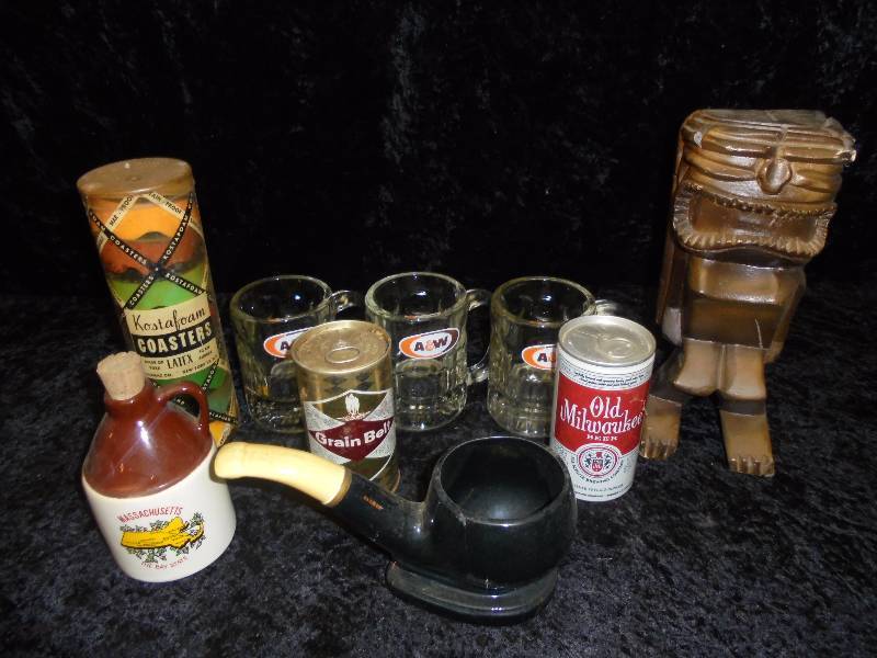 lot 65 image: Lot - Misc Bar Items - Beer Cans, A&W Glasses, Misc