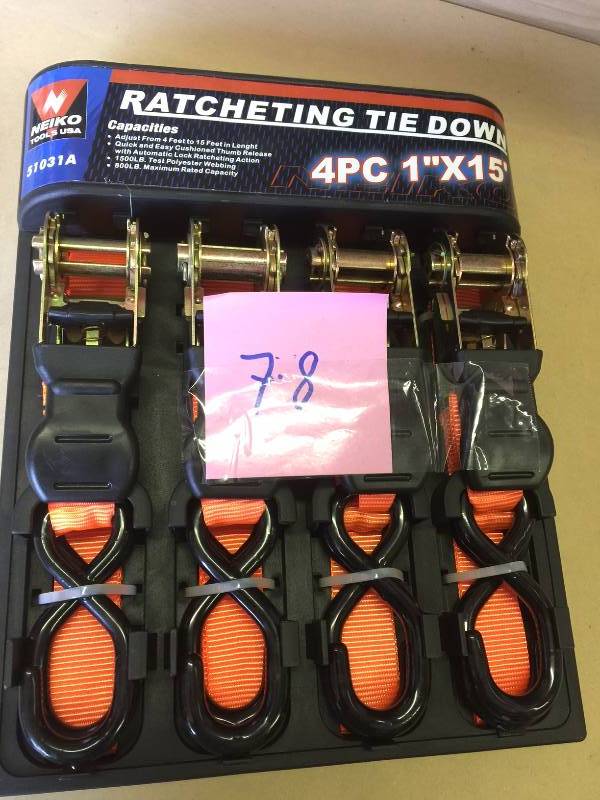 lot 78 image: Ratcheting Tie Down 4 PC 1 x 15 New