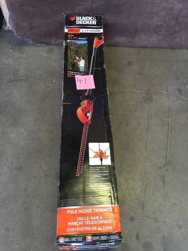 lot 41 image: BLACKDECKER 18 in. 20-Volt Lithium-ion Electric Cordless Pole Hedge Trimmer Model # LPHT120