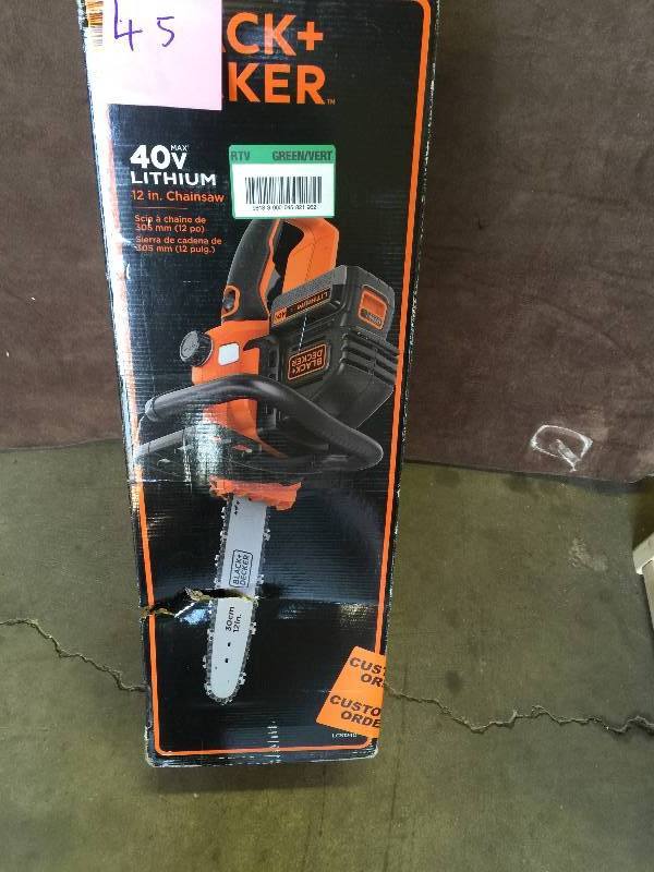 lot 45 image: BLACKDECKER 12 in. 40-Volt Max Lithium-Ion Cordless Chainsaw Model # LCS1240 new