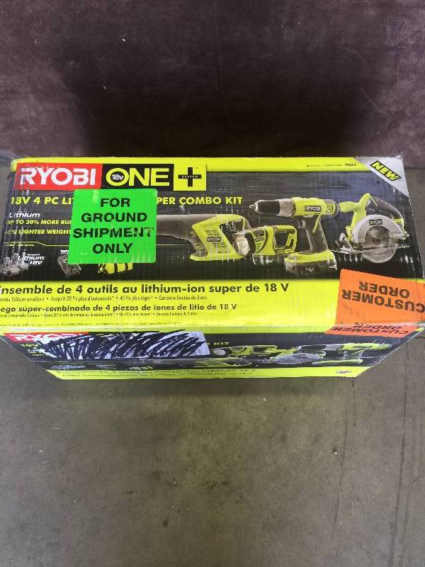 lot 56 image: Ryobi ONE 18-Volt Lithium-Ion Cordless Super Combo Kit (4-Piece) New
