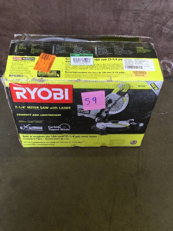 lot 59 image: Ryobi 9 Amp 7-14 in. Compound Miter Saw with Laser