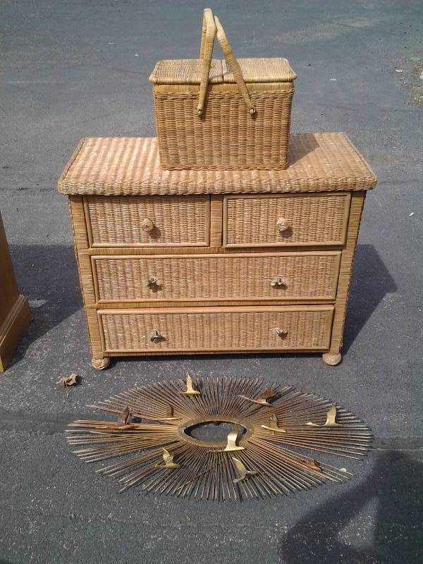 lot 39 image: Wicker 4 Drawer Dresser, Picnic Basket, Metal Wall Sculpture