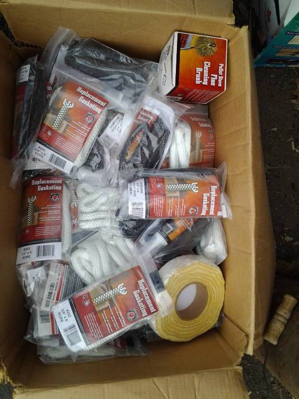 lot 43 image: Box Of New Replacement Gaskets for Wood Stove Door Channel & Pellet Stove Cleaning Brushes