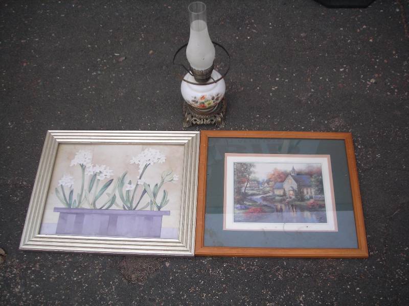 lot 65 image: 2-Framed Pictures, 1-Floral Hurricane Lamp No Shade