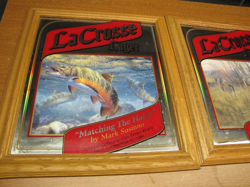 lot 21 image: 3 LaCrosse Lager Mirrored Beer Signs
