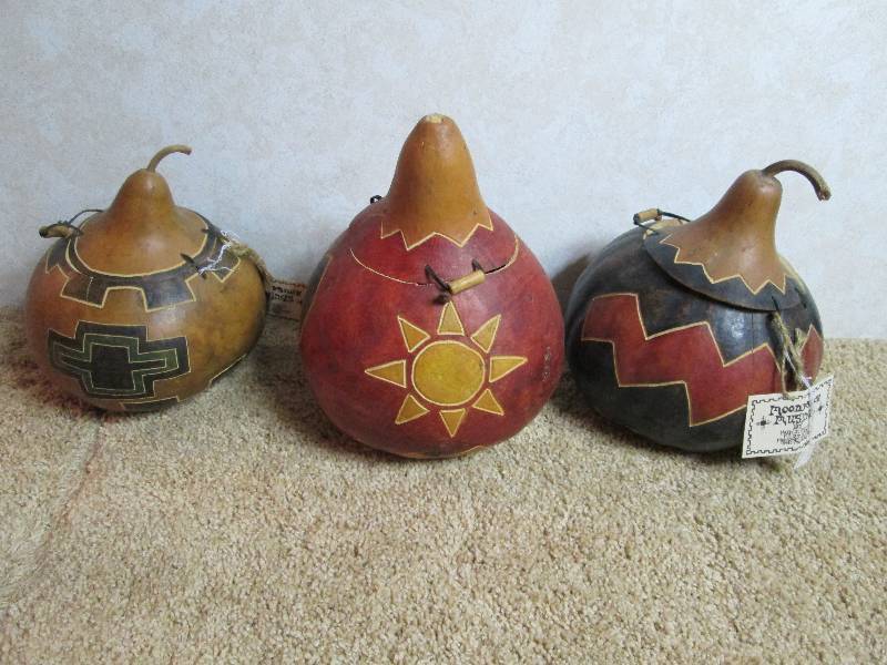 3 Carved & Painted Gourds