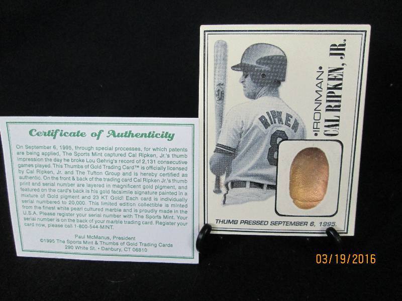 Cal Ripkin 1995 Resin Thumb Print Card.