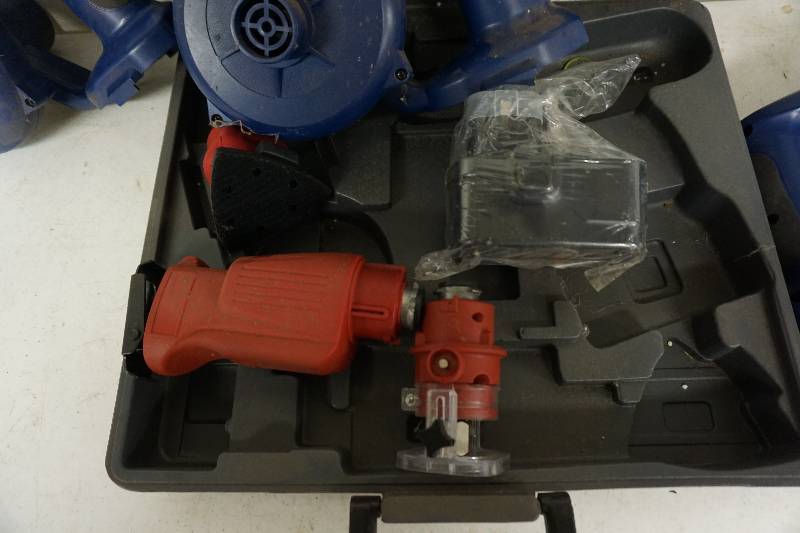 lot 26 image: Master Craft Brand 18V SanderDremel Atttachment With 3 Bob Villa 18V Leaf Blowers