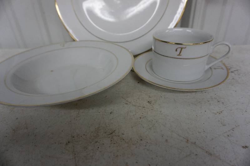 lot 39 image: 40 PC Gold Trim Monogrammed Dinner Ware Service For 8--  Letter T