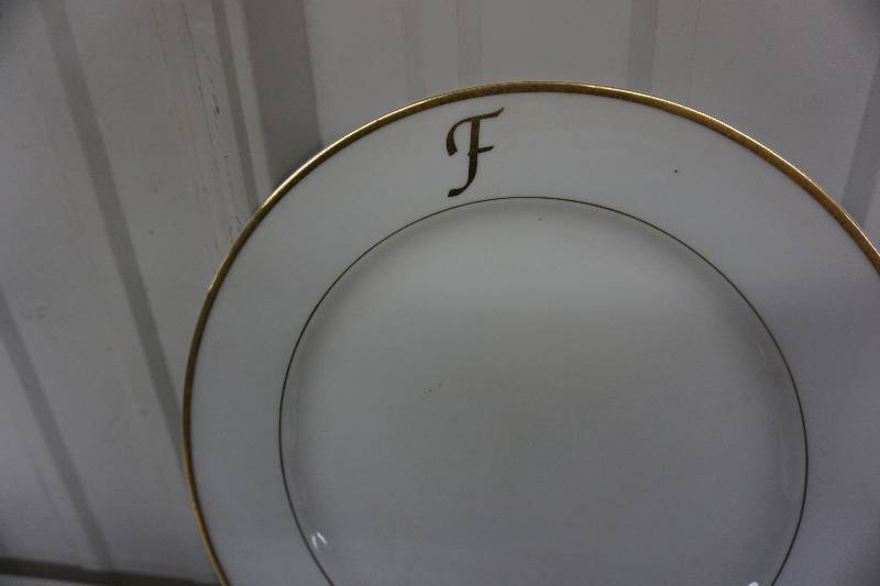 lot 42 image: 40 PC Gold Trim Monogrammed Dinner Ware Service For 8--  Letter F