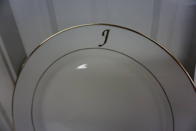 lot 48 image: 40 PC Gold Trim Monogrammed Dinner Ware Service For 8--  Letter J