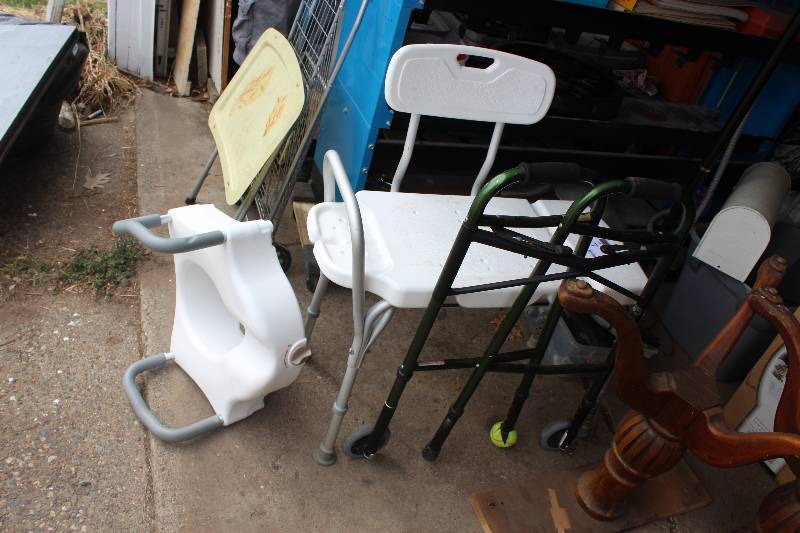 lot 117 image: Lot of Medical Equipment Including Shower Bench Toilet Raised Seat Walker