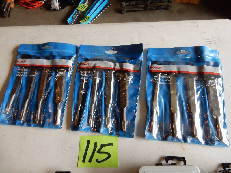 lot 115 image: 3 sets of BOSCH wood chisels.  14in, 12in, 34in , 1 in.