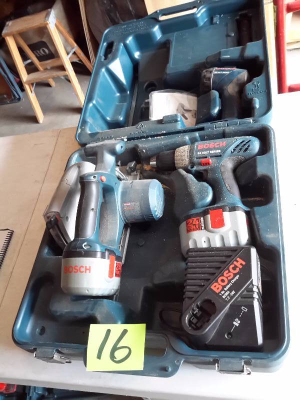 lot 16 image: BOSCH Multipe items 6 12 in Circular Saw, Charger, Light, Drill and Case
