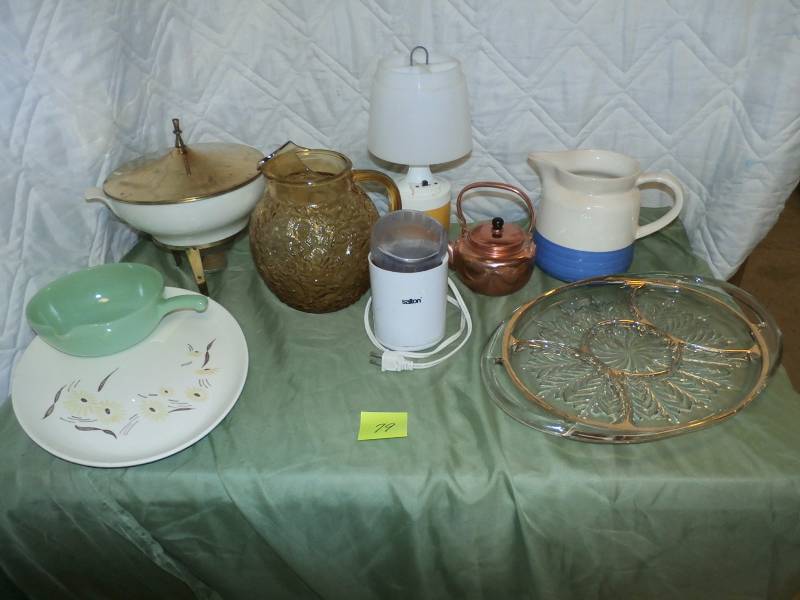 glass pitcher,coffee grinder,platters,etc