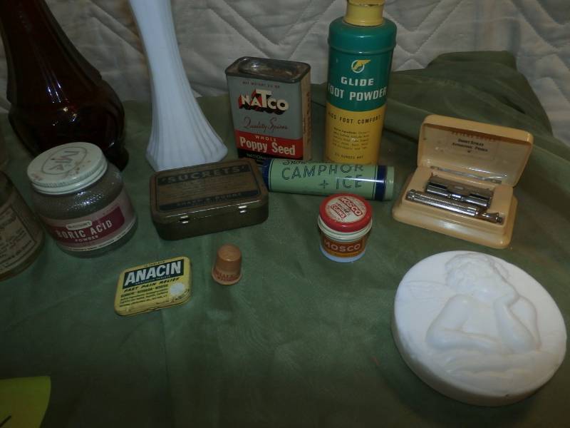 vintage medicine bottles etc,